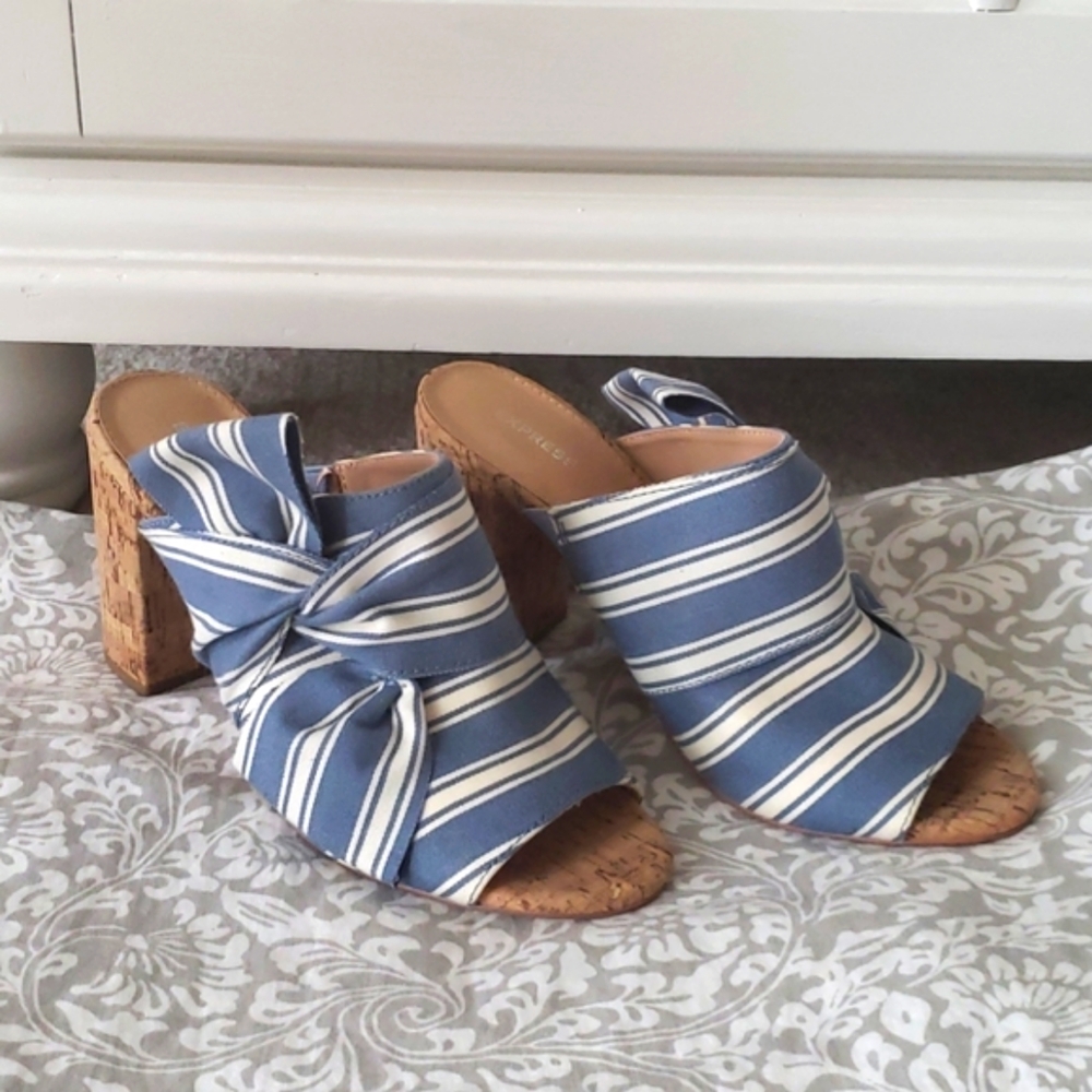 Express Blue and White Stripe Cork Heels Mules